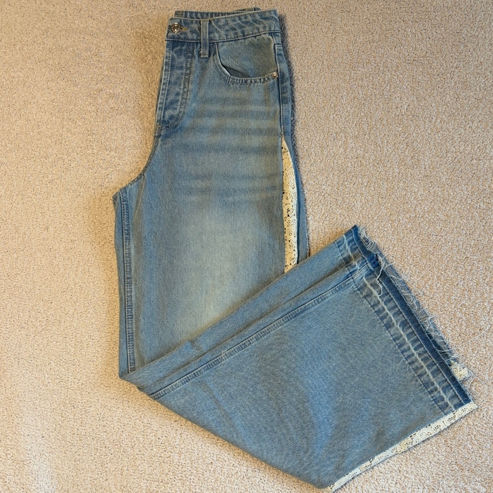 Women's Boutique Light Wash Wide Leg Jeans with Crochet Trim Detail